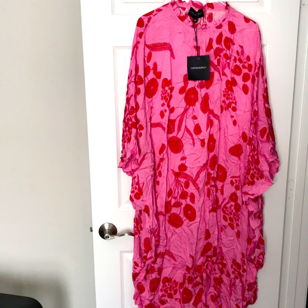Cynthia Rowley Tulum Kaftan. Maxi Length. Pink and red printed poncho style.